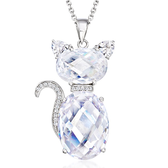 CZ Sitting Cat Pendant Necklace in Sterling Silver - Picture 1 of 6